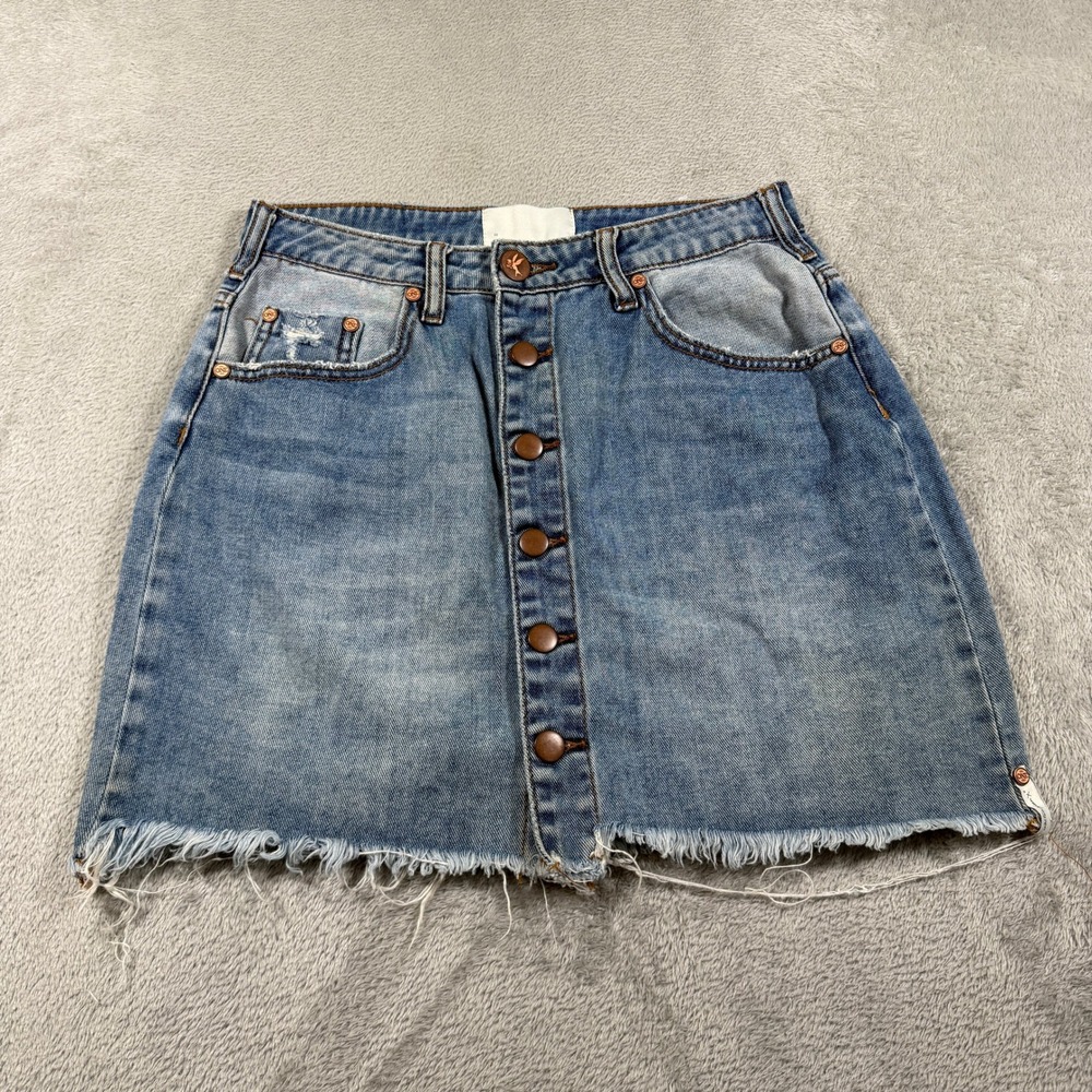 OneTeaspoon Viper Venice‎ Mini Skirt Women 27 Blue Denim Frayed Hem Button Front
